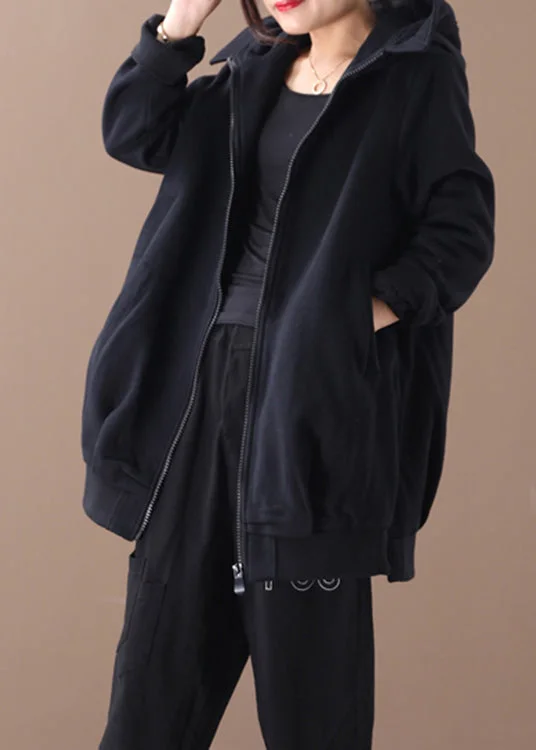 Black Zippered Side Open Hooded Coats Long Sleeve