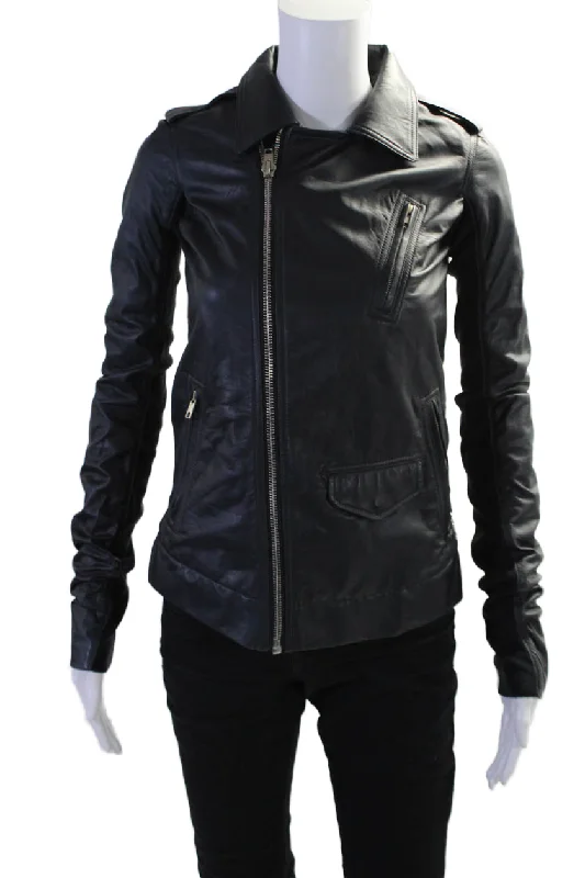 Rick Owens Womens Black Leather Full Zip Long Sleeve Motorcycle Jacket