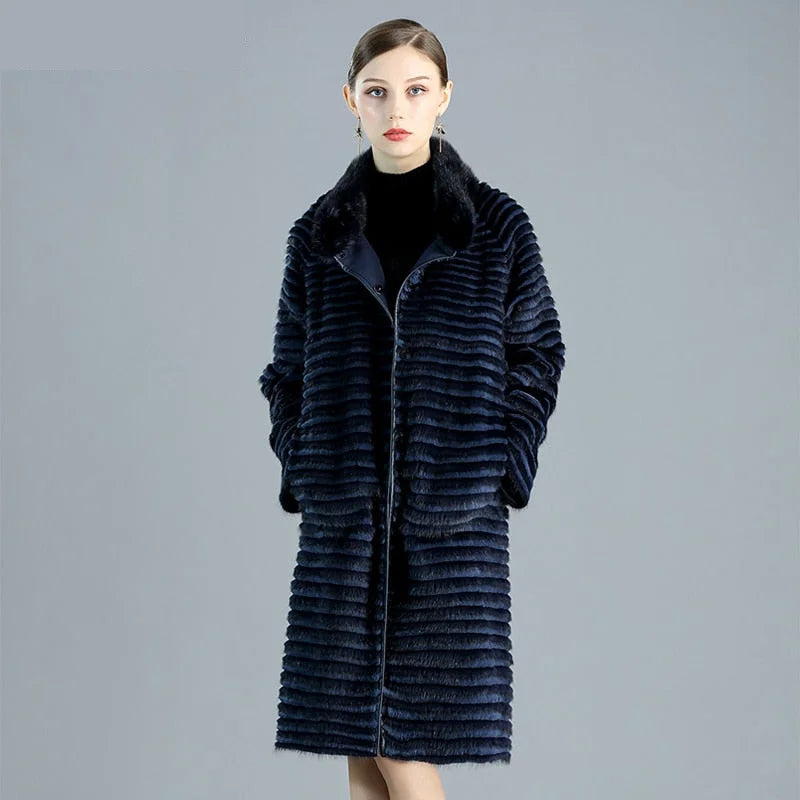 Women's Winter Warm Double Side Wear Striped Natural Mink Fur Long Jackets