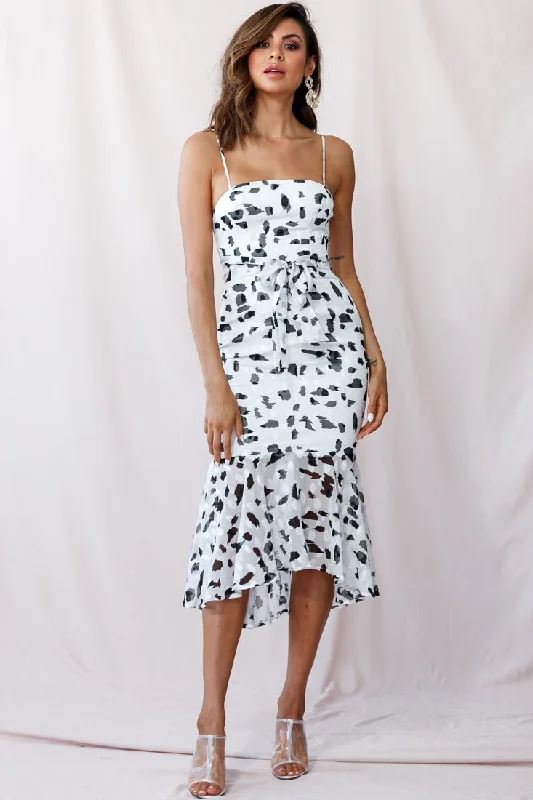 Hadassah High-Low Fluted Hem Midi Dress Animal Print White