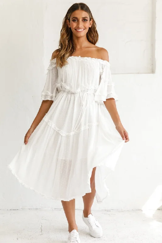 Renoir Off-Shoulder Frill Trim Midi Dress White