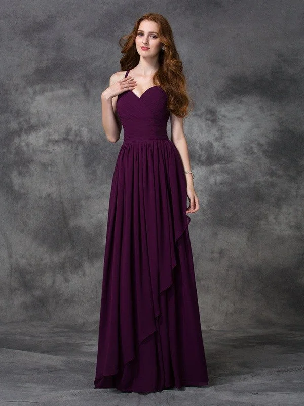 A-line/Princess Spaghetti Straps Sleeveless Long Ruffles Chiffon Bridesmaid Dresses