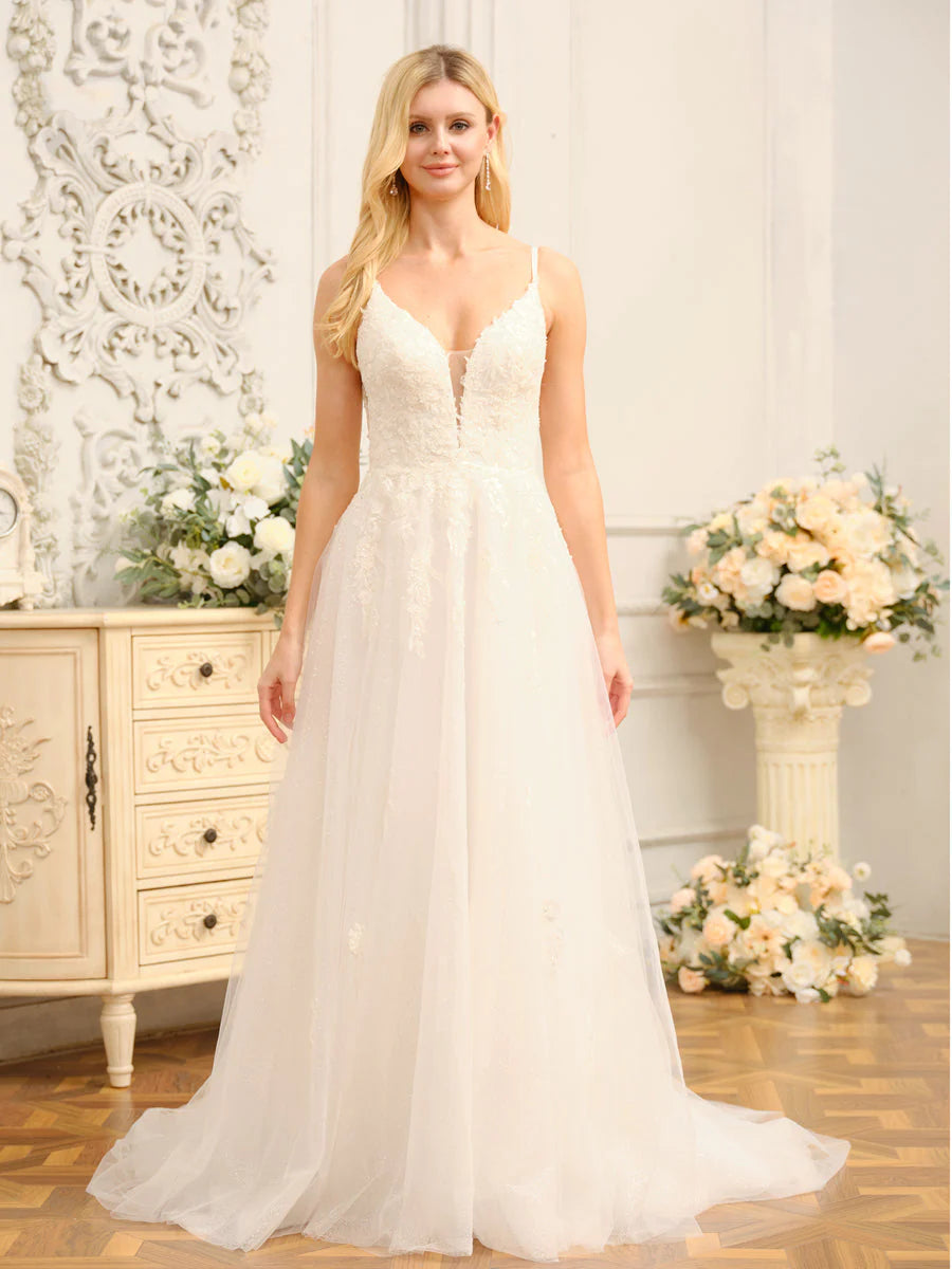 A-Line/Princess Spaghetti Straps Sleeveless Long Wedding Dresses With Appliques