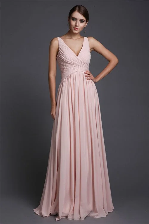 A-Line/Princess V-neck Sleeveless Long Ruffles Chiffon Bridesmaid Dresses