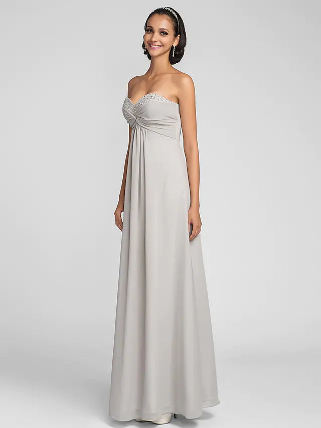 Bridesmaid Dress  Neckline Sleeveless Open Back Floor Length Chiffon with Criss Cross   Ruched   Beading